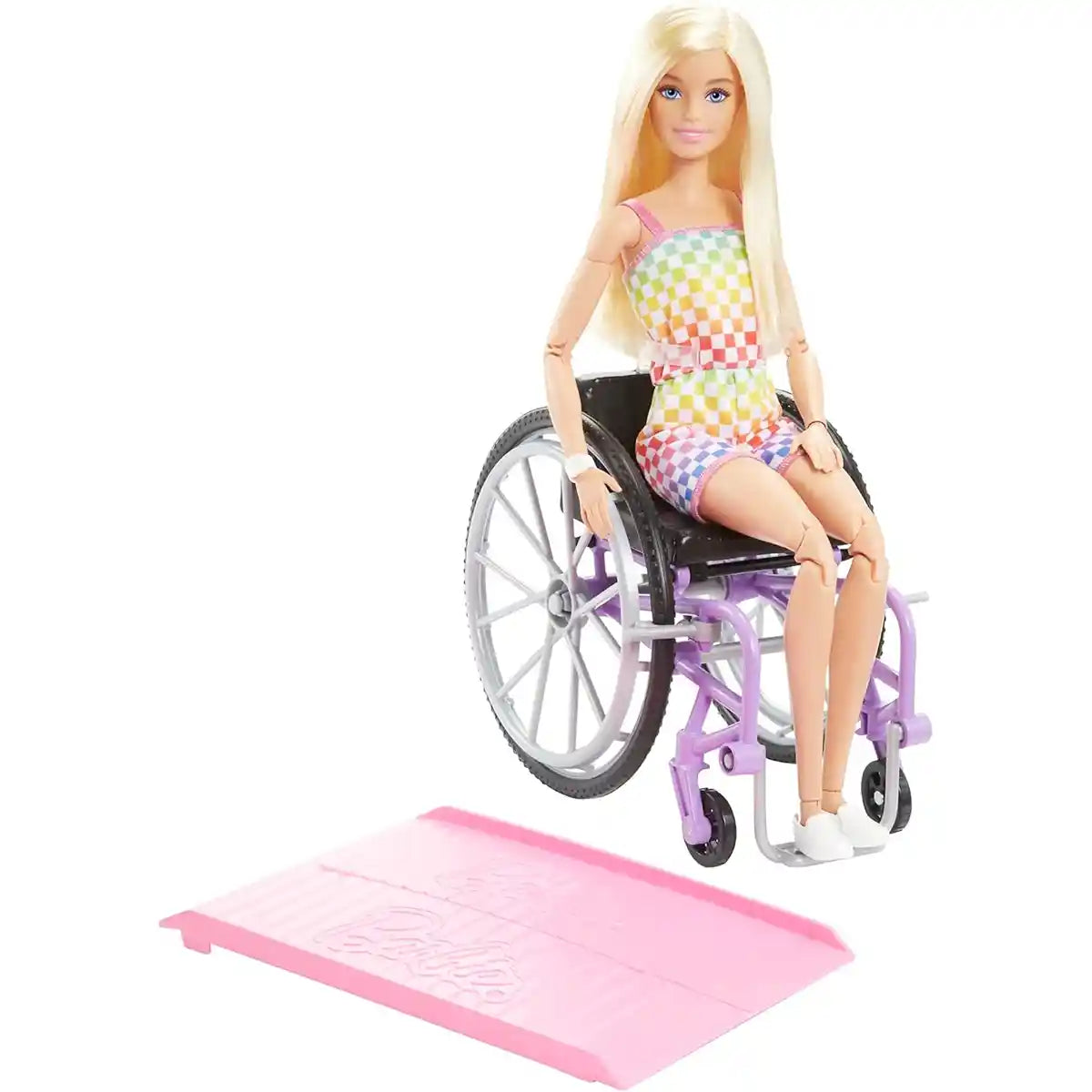 Barbie Fashionistas Doll #194 with Wheelchair and Ramp Inclusive Doll for Kids Ages 3 and Up, Blonde Hair, Rainbow Romper and Accessories