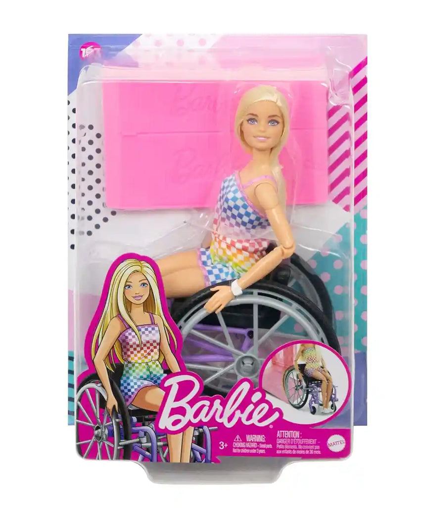 Barbie Fashionistas Doll #194 with Wheelchair and Ramp Inclusive Doll for Kids Ages 3 and Up, Blonde Hair, Rainbow Romper and Accessories