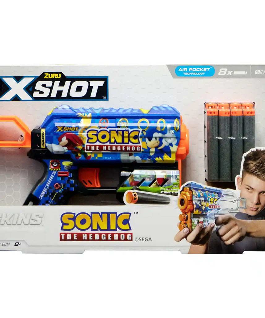 X-Shot Skins Flux Sonic Blaster, Sonic the Hedgehog Theme, 8 Darts, Air Pocket Technology, Single & Front 2 Dart Storage, 27m / 90ft Range, Outdoor Foam Dart Toy, Kids & Teens