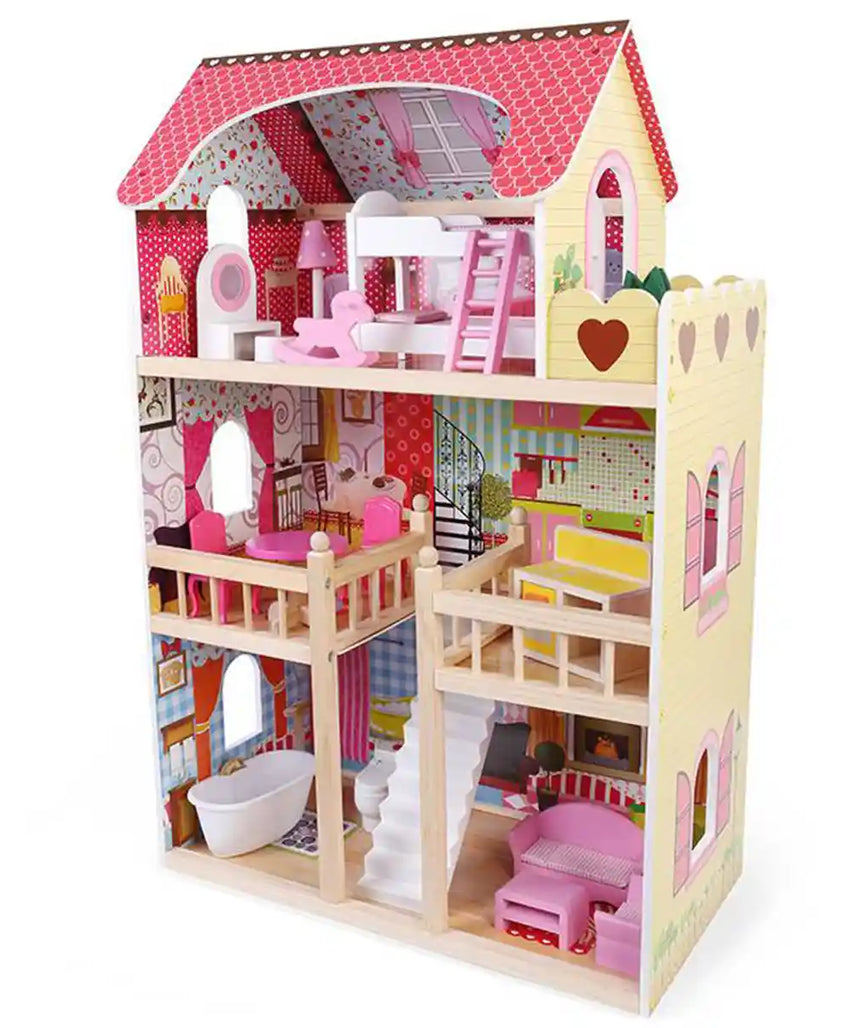 بيت الدمى الخشبي إيميلي للأطفال من عمر 3 إلى 5 سنوات، بيت دمى كبير من 3 طوابق مع 15 قطعة أثاث، لعبة تظاهرية للعب الأدوار الخيالي