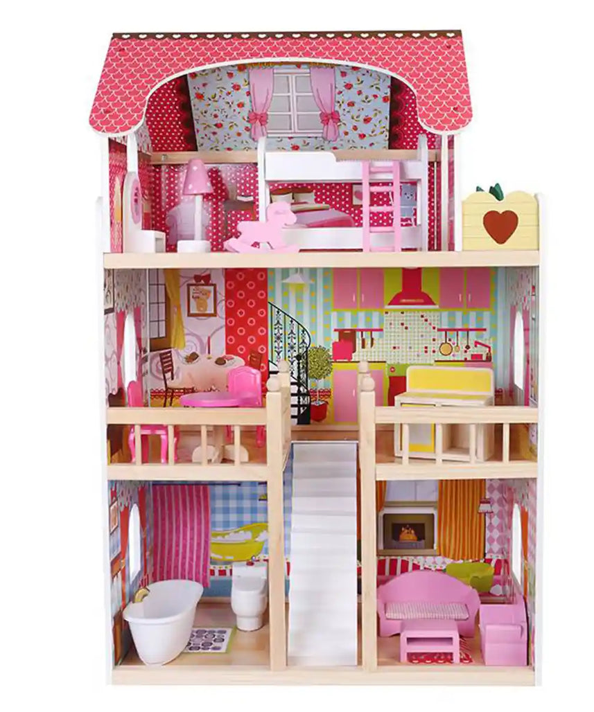 بيت الدمى الخشبي إيميلي للأطفال من عمر 3 إلى 5 سنوات، بيت دمى كبير من 3 طوابق مع 15 قطعة أثاث، لعبة تظاهرية للعب الأدوار الخيالي
