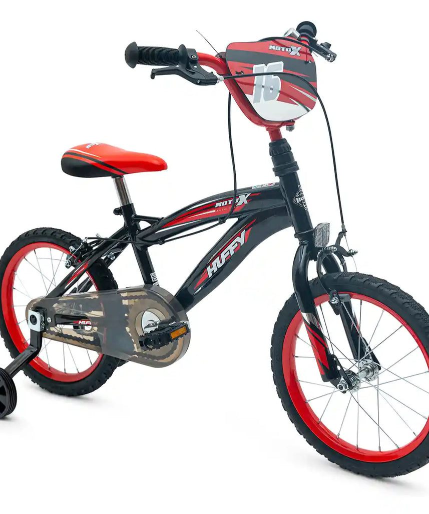 Huffy Moto X 16 Inch Kids Bike, Black, Unisex Youth Bicycle with Stabilisers, BMX Styling, Quick Connect Assembly, Ages 5-7