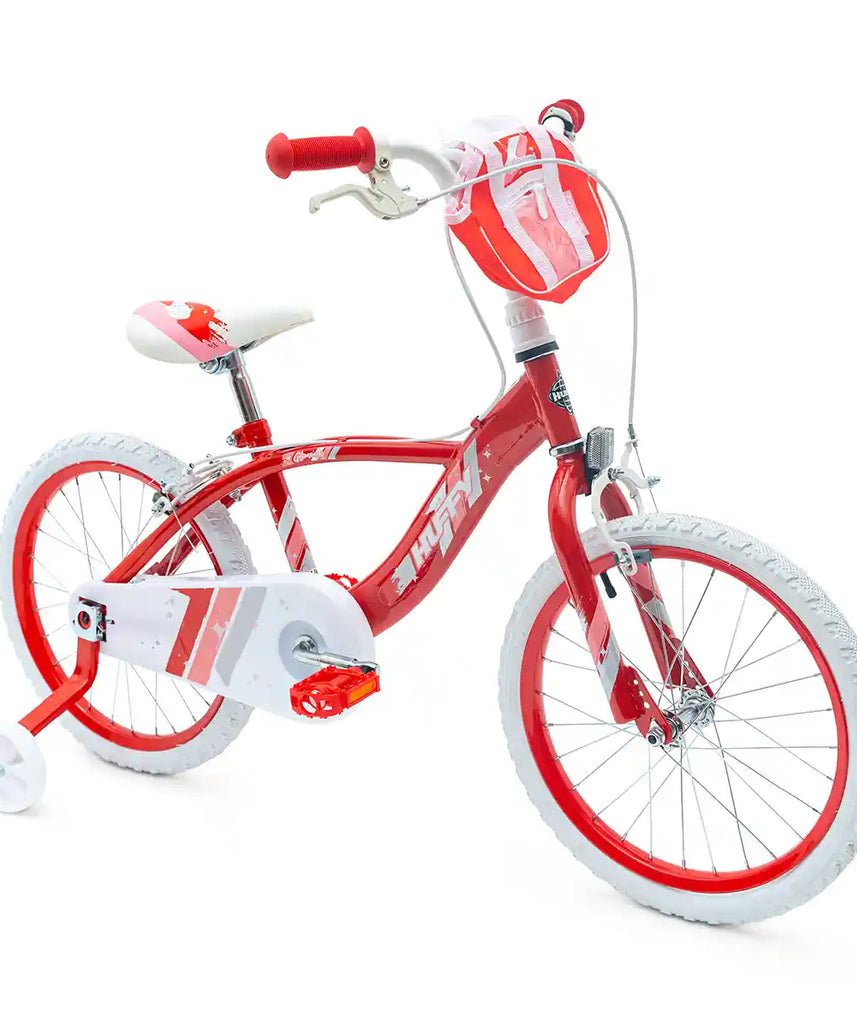 Huffy Glimmer Girls Bike 18 Inch, Red and White, Single-Speed Kids Bicycle with Removable Stabilisers, Front Storage Pouch, Quick Connect Assembly, Ages 6-8