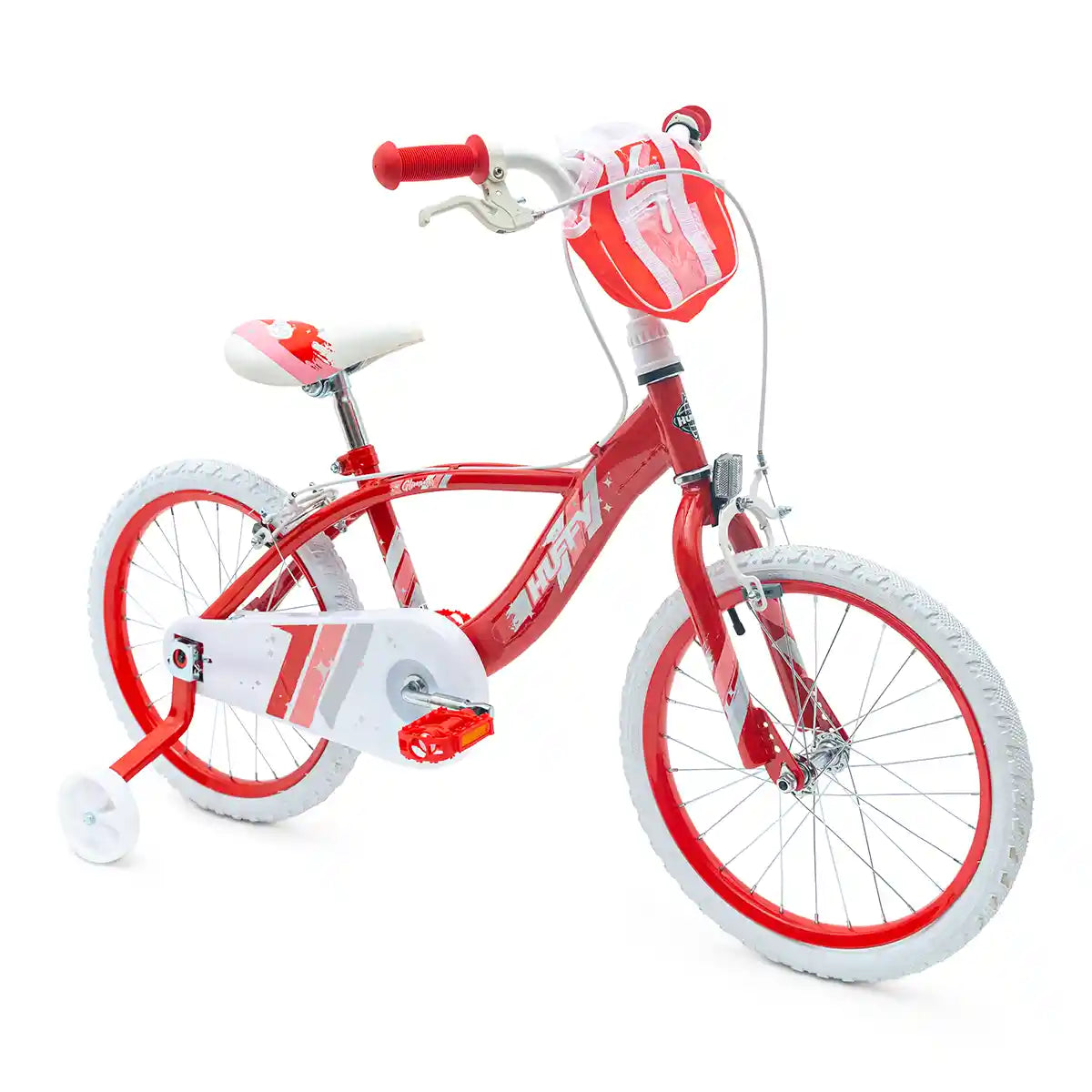 دراجة هافي جليمر للبنات، مقاس 18 بوصة، لون أحمر وأبيض، دراجة أطفال أحادية السرعة مع مثبتات قابلة للإزالة، وحقيبة تخزين أمامية، وتجميع سريع التوصيل، للأعمار من 6 إلى 8 سنوات