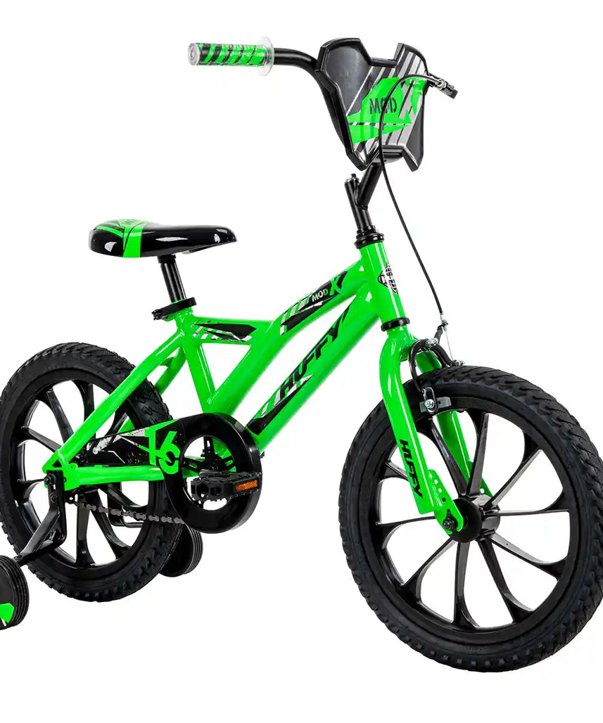 Huffy Mod X 16 Inch Boys Bike, Green, Single-Speed Kids Bicycle with Training Wheels, Alloy Quick-Release Seat, Sidepull Caliper Brake, Ages 4-6