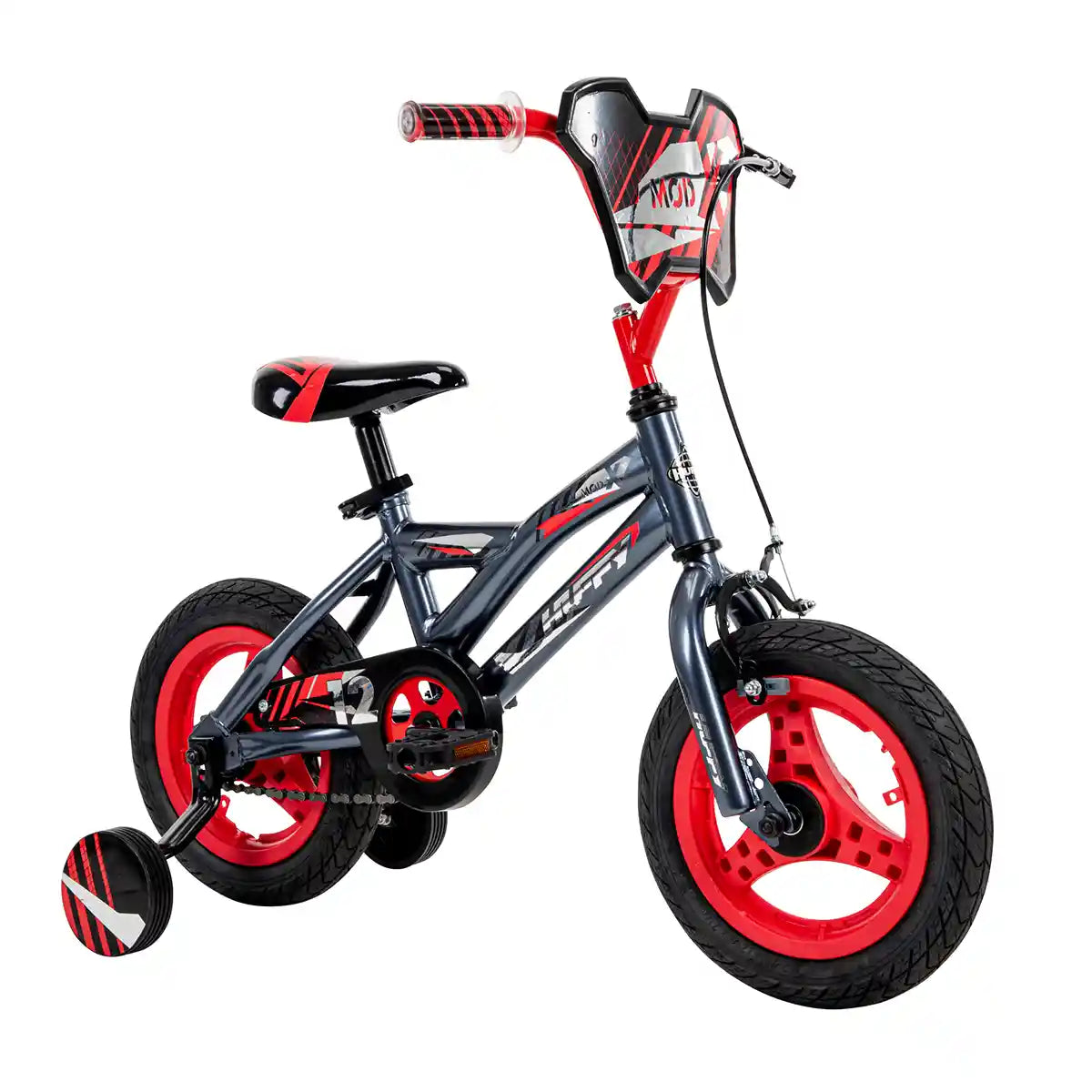 دراجة Huffy Mod X Bike مقاس 12 بوصة R حصرية للأطفال من سن 3 إلى 5 سنوات، دراجة أحادية السرعة مع عجلات تدريب، إطار فولاذي، فرامل يد أمامية وفرامل خلفية