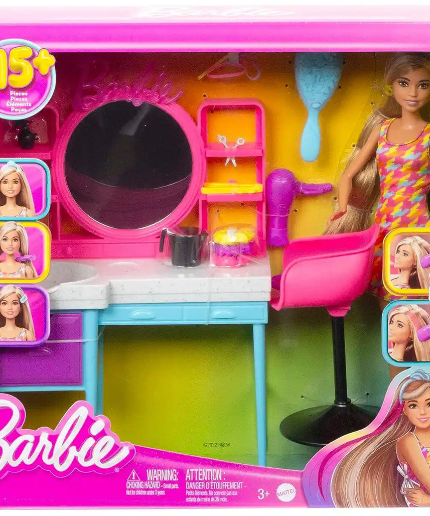مجموعة صالون الشعر باربي HKV00 مع دمية شعر متغيرة اللون، وطاولة زينة، وأكثر من 15 ملحقًا للأطفال من سن 3 سنوات فما فوق