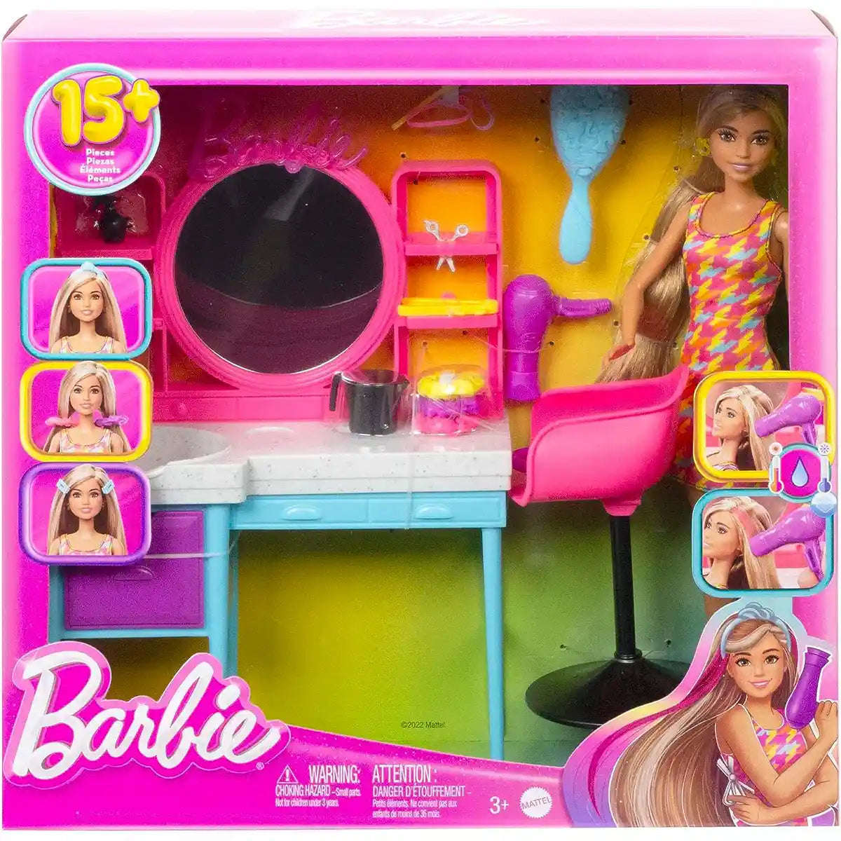 Barbie Hair Salon Playset HKV00 with Color-Change Hair Doll, Vanity and 15+ Accessories for Kids Ages 3 and Up