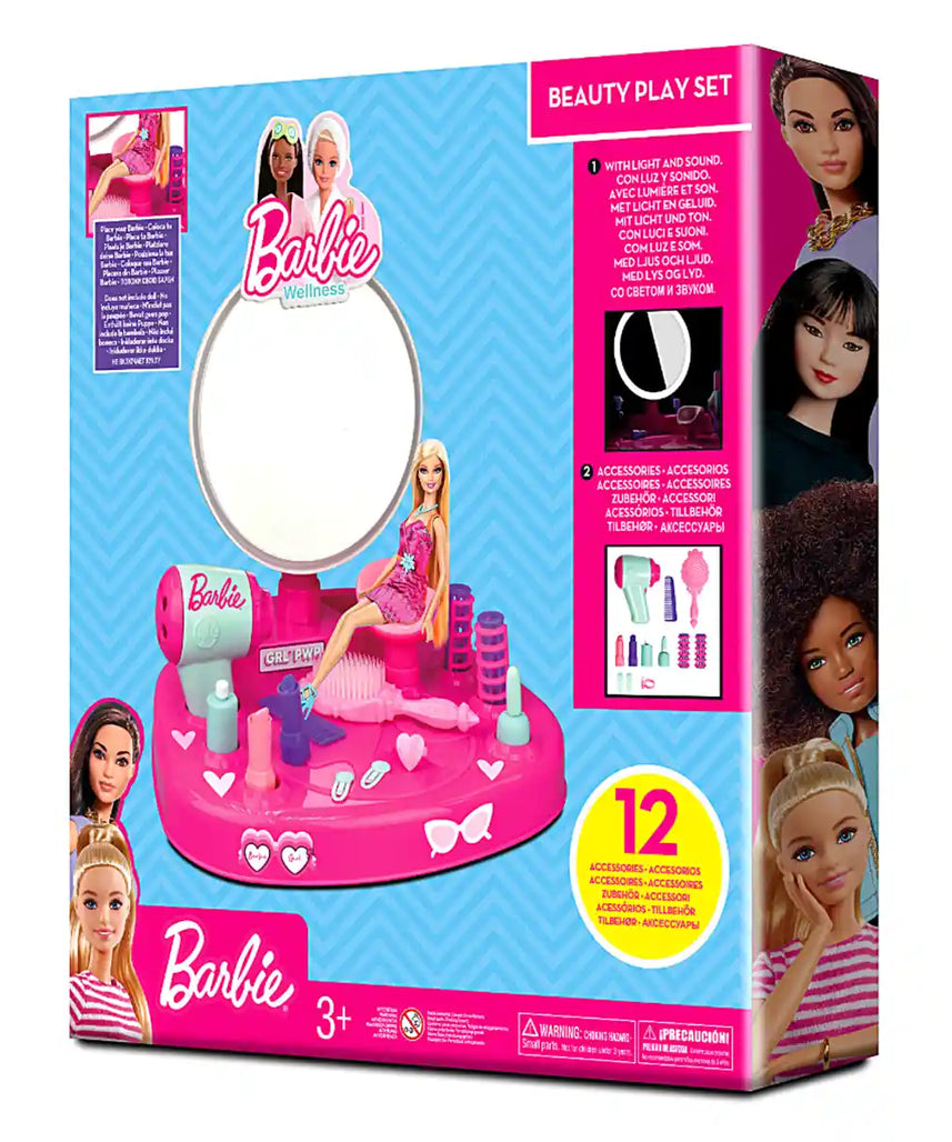 Barbie Dresser Playset with Lights and Sounds 12 Accessories for Doll Hair and Makeup Styling Gift for Kids