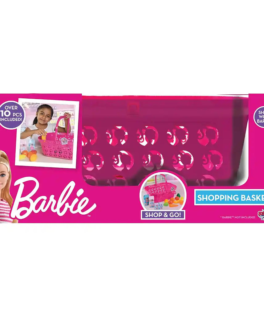 مجموعة لعب سلة التسوق باربي للأطفال من سن 3 سنوات فما فوق، لعبة تظاهرية للتسوق مع الفواكه والخضروات والعصير والوجبات الخفيفة
