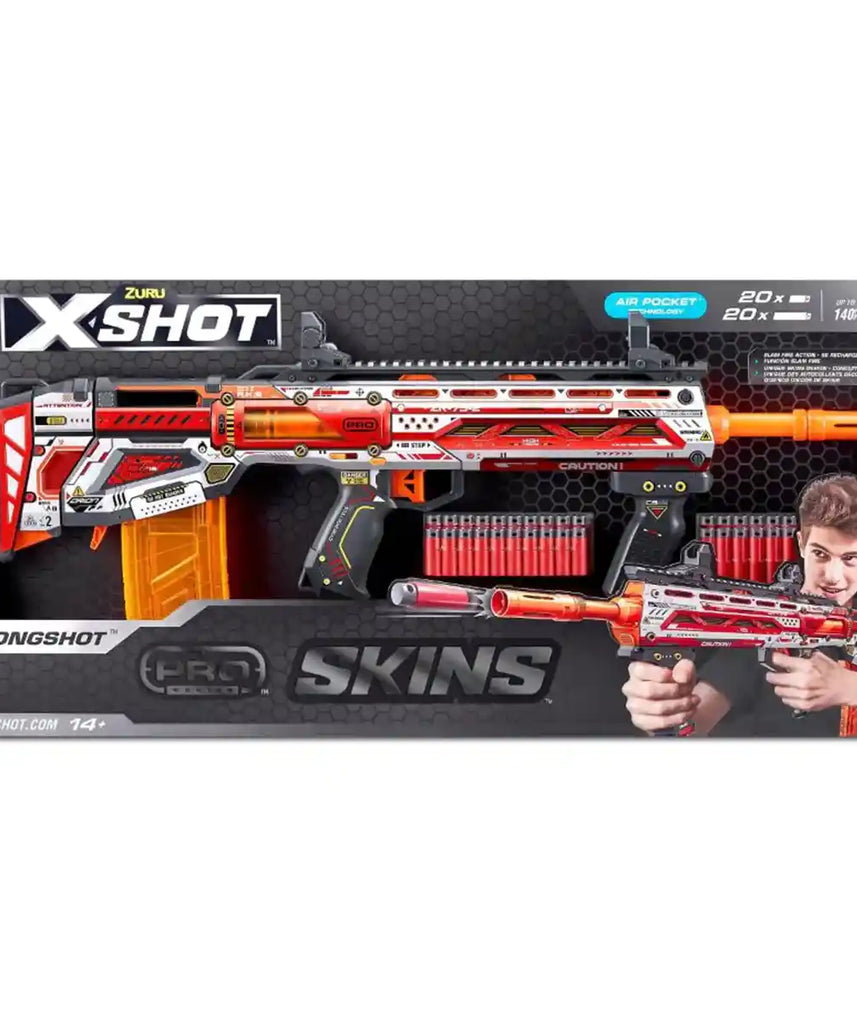XSHOT Skins Pro Series Longshot Blaster Black Sinister Foam Dart Gun with 2 Quick Release Clips, 40 Air Pocket Technology Darts, Slam Fire Action, High Power Long Range Blaster for Boys and Girls 8+