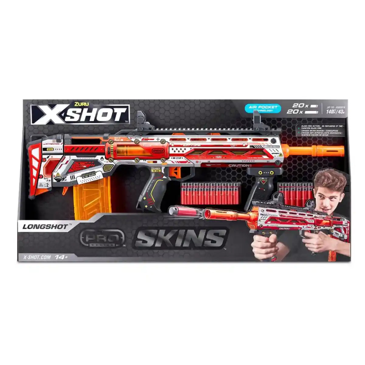XSHOT Skins Pro Series Longshot Blaster Black Sinister Foam Dart Gun with 2 Quick Release Clips, 40 Air Pocket Technology Darts, Slam Fire Action, High Power Long Range Blaster for Boys and Girls 8+