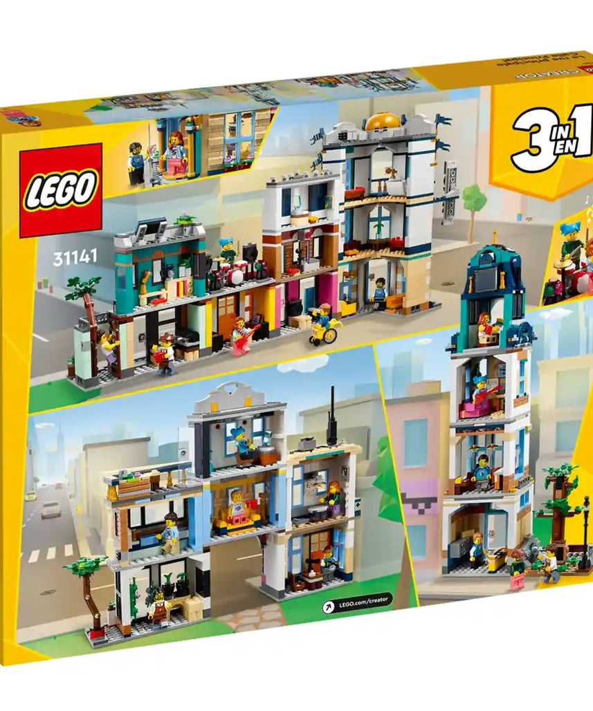 مجموعة بناء شارع رئيسي 3 في 1 من ليجو كرييتور 31141، قم ببناء فندق أو مقهى أو متجر أو ناطحة سحاب آرت ديكو، شارع سوق مع 6 شخصيات صغيرة، مجموعات بناء للأطفال من سن 9 سنوات فما فوق