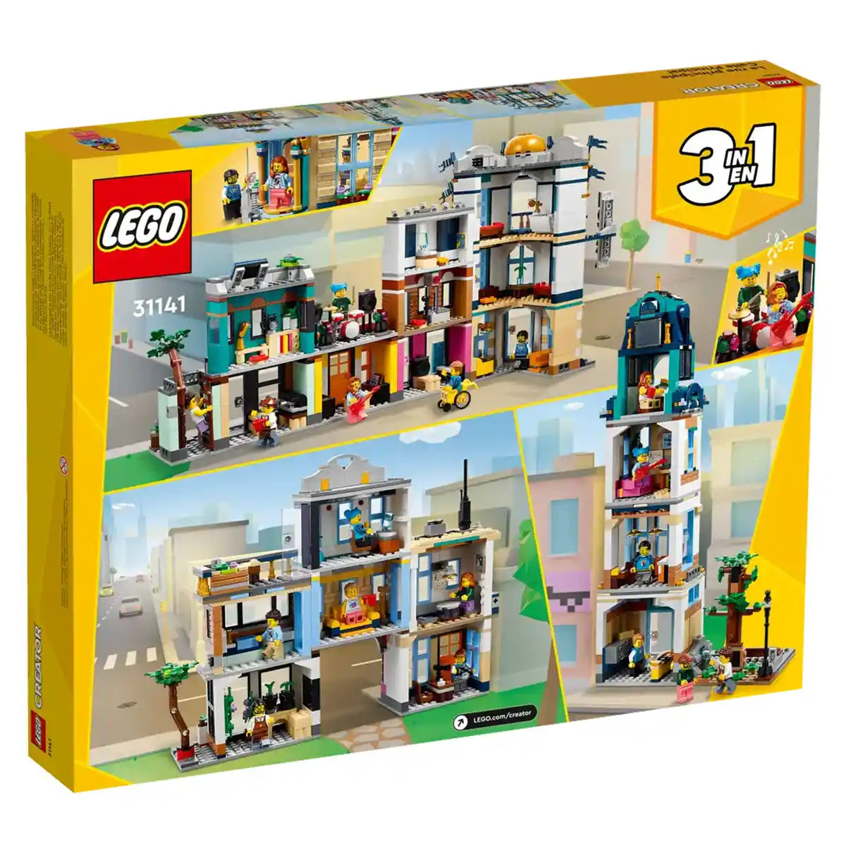 مجموعة بناء شارع رئيسي 3 في 1 من ليجو كرييتور 31141، قم ببناء فندق أو مقهى أو متجر أو ناطحة سحاب آرت ديكو، شارع سوق مع 6 شخصيات صغيرة، مجموعات بناء للأطفال من سن 9 سنوات فما فوق
