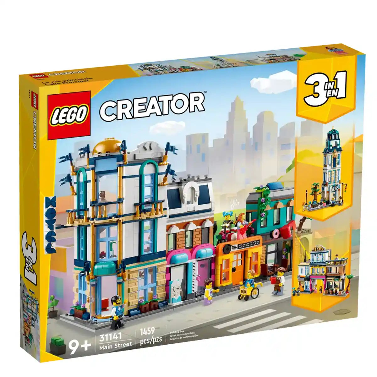 مجموعة بناء شارع رئيسي 3 في 1 من ليجو كرييتور 31141، قم ببناء فندق أو مقهى أو متجر أو ناطحة سحاب آرت ديكو، شارع سوق مع 6 شخصيات صغيرة، مجموعات بناء للأطفال من سن 9 سنوات فما فوق