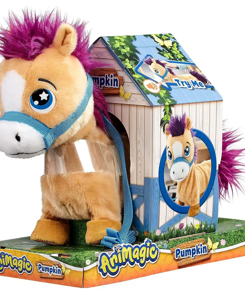 أنيماجيك، بامبكن، مهر شتلاند، مهر محشو تفاعلي يمشي مع أصوات، ذيل ورأس متحركين، لعبة حيوانات أليفة للأطفال، من سن 4 سنوات فما فوق، شخصيات ألعاب تفاعلية محشوة