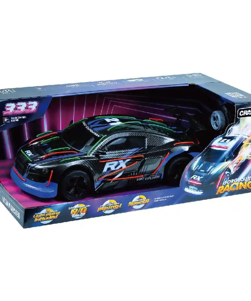 سيارة سباق CRAZON بمقياس 1:10 مزودة بأضواء رائعة من سلك GL - جهاز تحكم عن بعد 2.4 جيجاهرتز، سرعة 15 كم/ساعة، مدى 25 مترًا، مناسبة للأعمار من 3 سنوات فما فوق