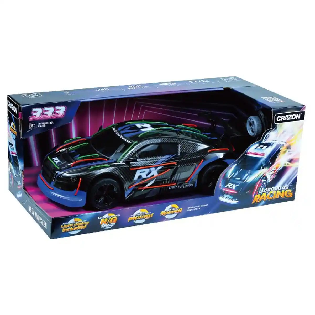 سيارة سباق CRAZON بمقياس 1:10 مزودة بأضواء رائعة من سلك GL - جهاز تحكم عن بعد 2.4 جيجاهرتز، سرعة 15 كم/ساعة، مدى 25 مترًا، مناسبة للأعمار من 3 سنوات فما فوق
