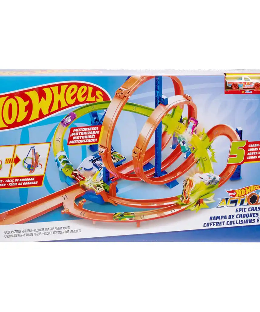 Hot Wheels Epic Crash Dash Track Set, Toy Car Track with 5 Crash Zones, Motorized Booster, Includes 1 Hot Wheels 1:64 Scale Car, Folds for Easy Storage, Kids Toys