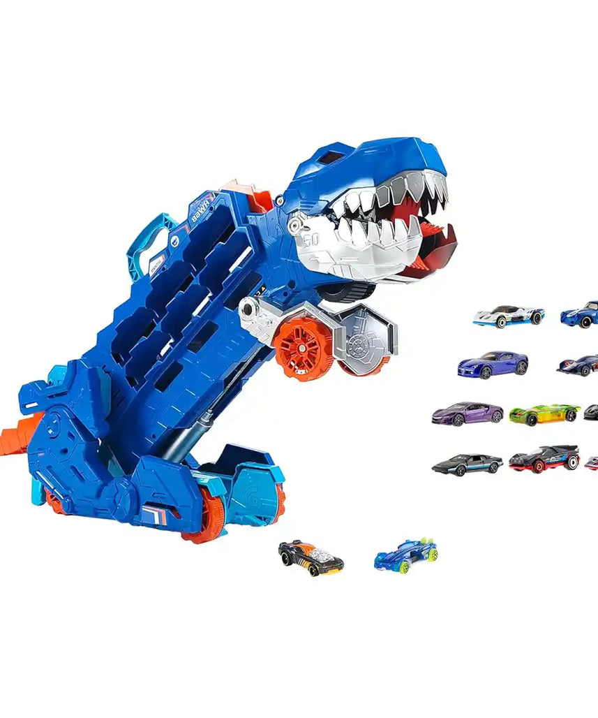 Hot Wheels City Ultimate Hauler T Rex Dinosaur Transporter, Transforms into Dino with Race Track, Stores 20+ 1:64 Die Cast Cars, Lights and Sounds, Includes 2 Cars, Kids Toy Playset, 4+ Years