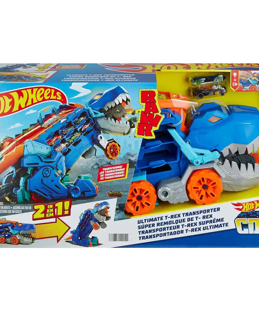 Hot Wheels City Ultimate Hauler T Rex Dinosaur Transporter, Transforms into Dino with Race Track, Stores 20+ 1:64 Die Cast Cars, Lights and Sounds, Includes 2 Cars, Kids Toy Playset, 4+ Years