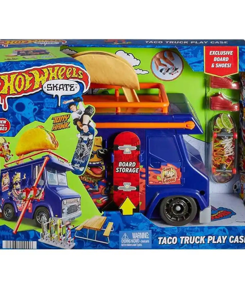 Hot Wheels Skate Taco Truck Play Case with Exclusive Tony Hawk Fingerboard, Skate Shoes, Mobile Skatepark, Storage for Boards and Accessories, Kids Toys for Ages 3 and Up