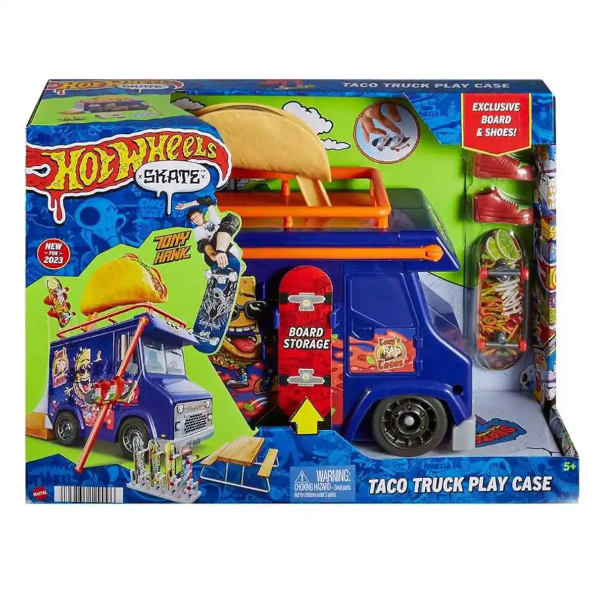 Hot Wheels Skate Taco Truck Play Case with Exclusive Tony Hawk Fingerboard, Skate Shoes, Mobile Skatepark, Storage for Boards and Accessories, Kids Toys for Ages 3 and Up