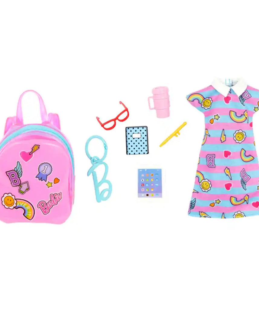 Barbie School-Themed Clothes Set, Dress, 5 Accessories & Zippered Doll-Sized Backpack with Clip-On Ring – Fashion Playset for Kids Ages 3+