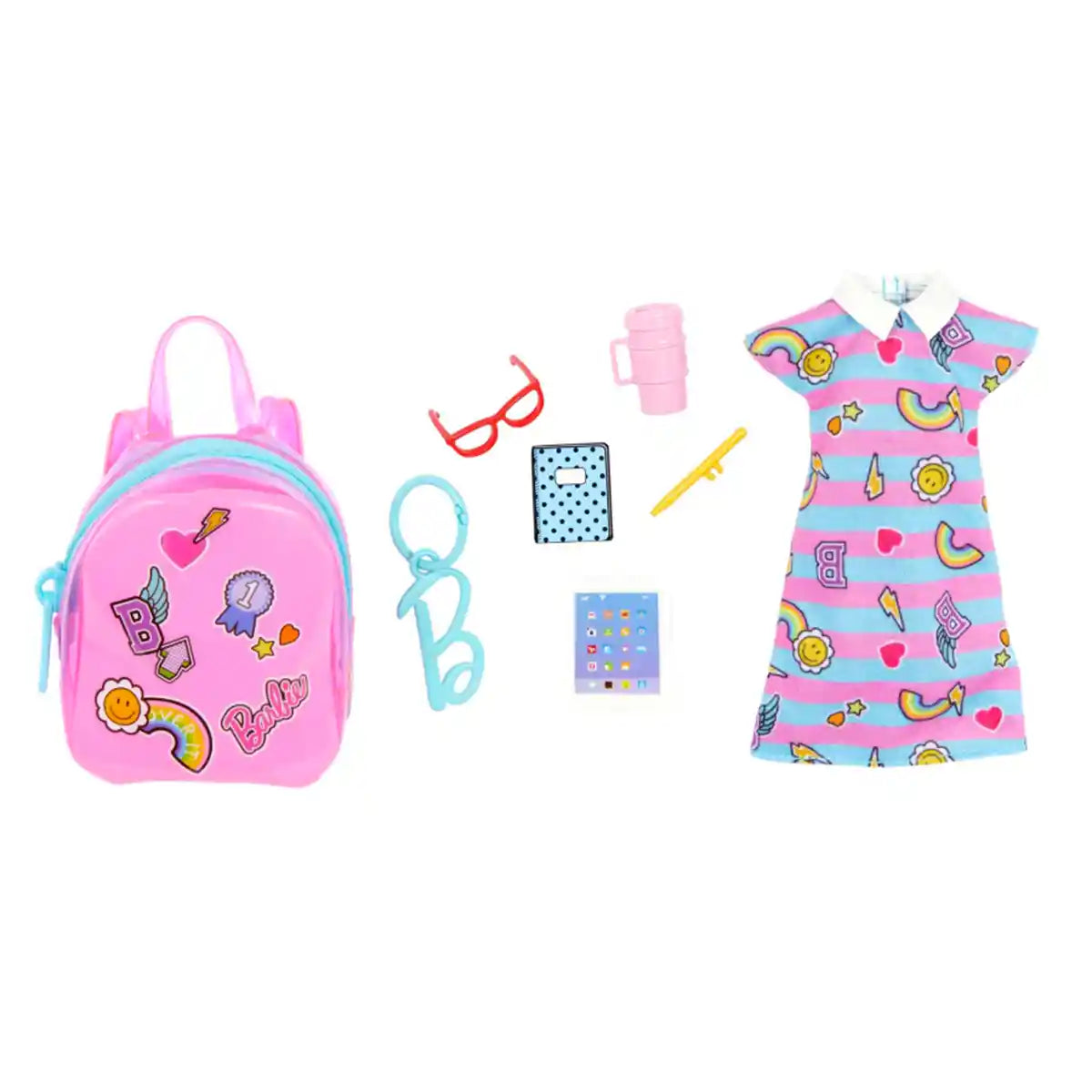 Barbie School-Themed Clothes Set, Dress, 5 Accessories & Zippered Doll-Sized Backpack with Clip-On Ring – Fashion Playset for Kids Ages 3+