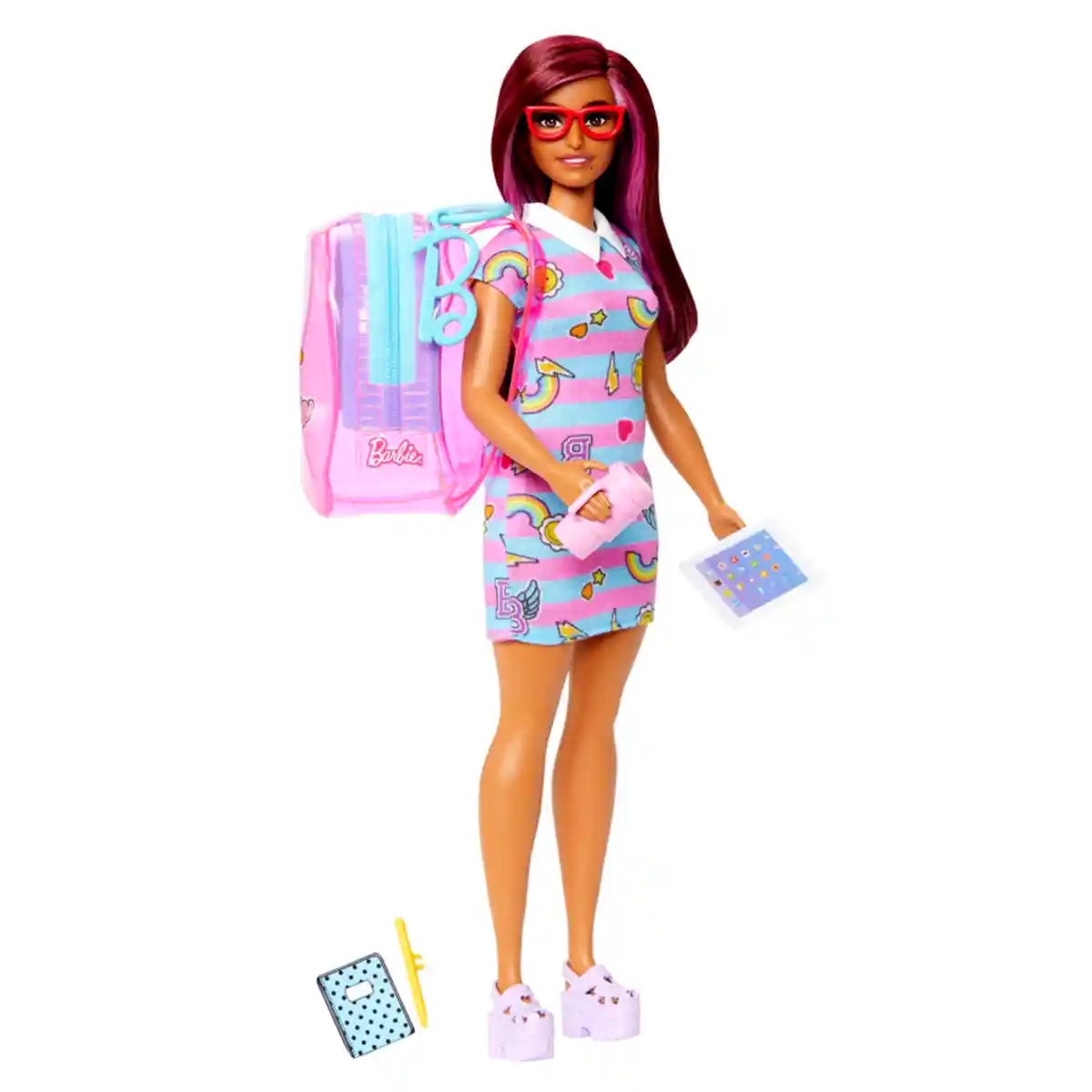 Barbie School-Themed Clothes Set, Dress, 5 Accessories & Zippered Doll-Sized Backpack with Clip-On Ring – Fashion Playset for Kids Ages 3+