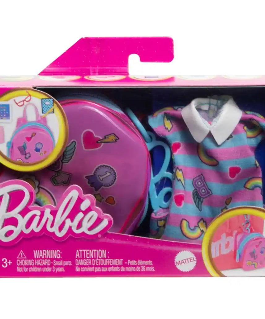 Barbie School-Themed Clothes Set, Dress, 5 Accessories & Zippered Doll-Sized Backpack with Clip-On Ring – Fashion Playset for Kids Ages 3+