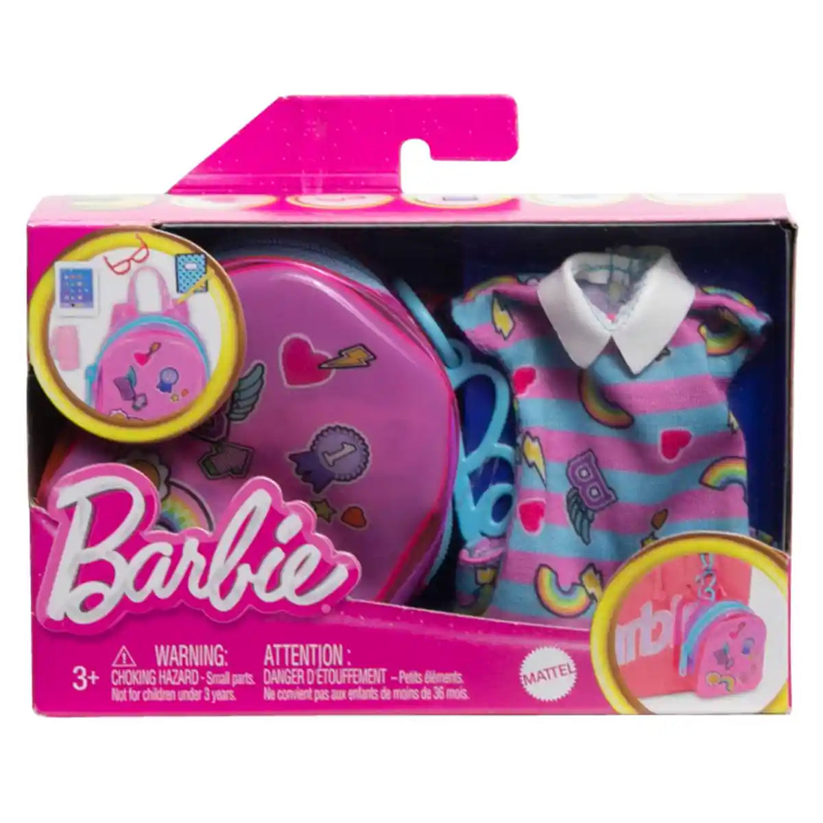 Barbie School-Themed Clothes Set, Dress, 5 Accessories & Zippered Doll-Sized Backpack with Clip-On Ring – Fashion Playset for Kids Ages 3+