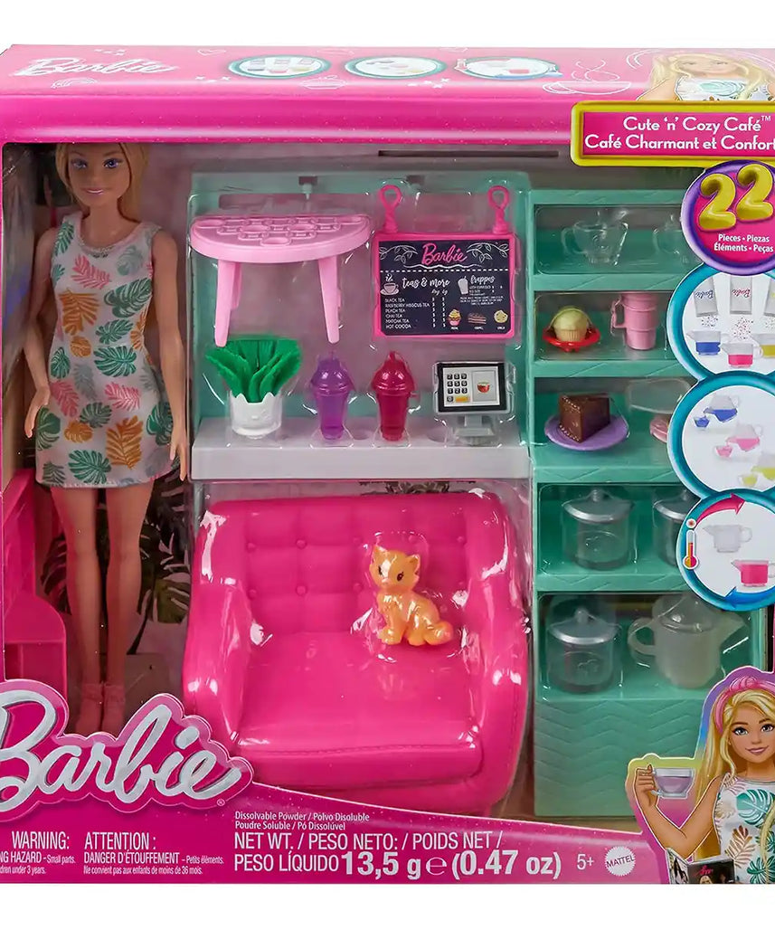Mattel Games Barbie Self-Care Tea Shop Playset, 22 Piece Cafe Set with Doll, Colour Change Teapot, Pet Kitten, Pretend Drinks and Accessories for Kids