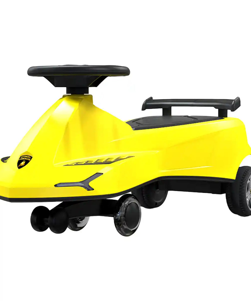 سيارة لامبورغيني سوينغ كار للأطفال، صفراء، أضواء وأصوات، دوران 360 درجة، جناح خلفي متحرك، رخصة لامبورغيني رسمية