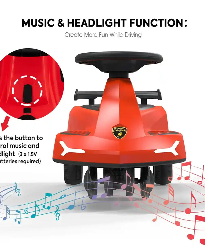 سيارة لامبورغيني سوينغ كار للأطفال، لون أحمر، مزودة بأضواء وبوق، هيكل من مادة TPE، مقعد واحد، مناسبة للأعمار من 3 سنوات فما فوق