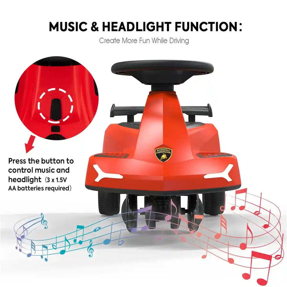 سيارة لامبورغيني سوينغ كار للأطفال، لون أحمر، مزودة بأضواء وبوق، هيكل من مادة TPE، مقعد واحد، مناسبة للأعمار من 3 سنوات فما فوق