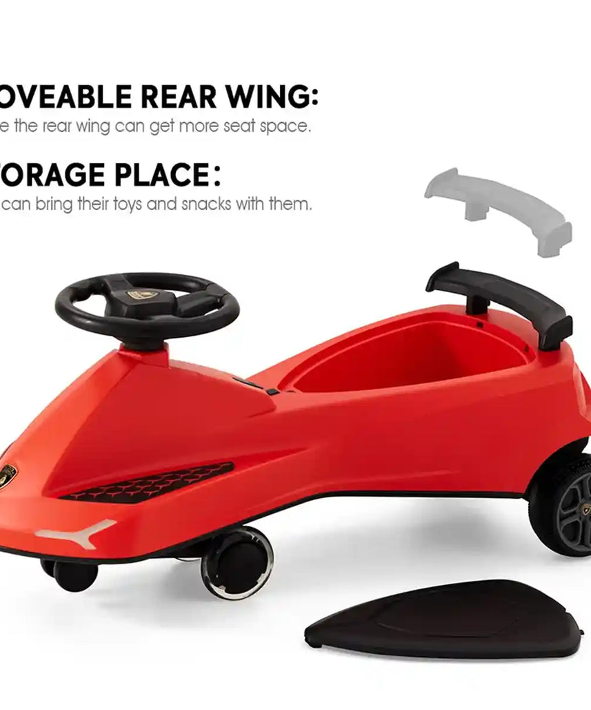 سيارة لامبورغيني سوينغ كار للأطفال، لون أحمر، مزودة بأضواء وبوق، هيكل من مادة TPE، مقعد واحد، مناسبة للأعمار من 3 سنوات فما فوق