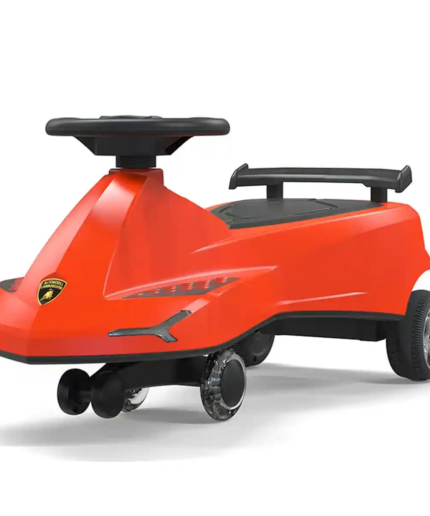 سيارة لامبورغيني سوينغ كار للأطفال، لون أحمر، مزودة بأضواء وبوق، هيكل من مادة TPE، مقعد واحد، مناسبة للأعمار من 3 سنوات فما فوق