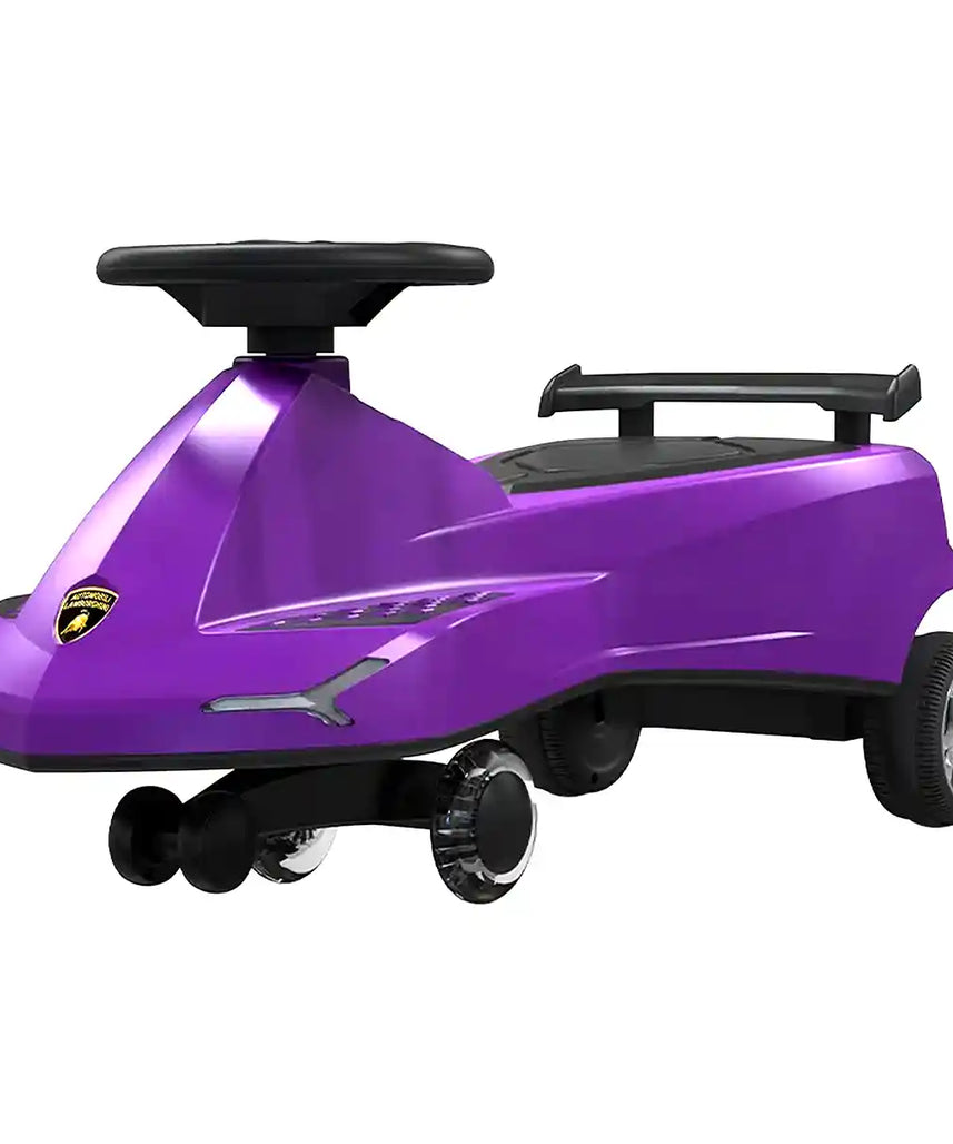 سيارة لامبورغيني سوينغ كار للركوب مع أضواء وأصوات، تدور 360 درجة، جناح خلفي متحرك، تصميم مريح، لعبة أطفال للركوب، لون أرجواني