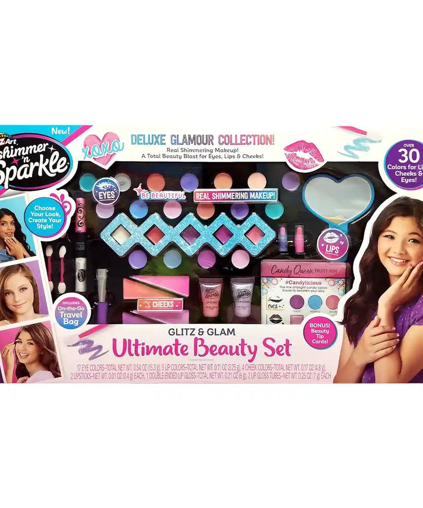 Cra-Z-Art Shimmer N Sparkle Glitz & Glam Ultimate Beauty Set, Real Makeup Kit for Kids, Eyes, Lips & Cheeks with Tote Bag, Brushes, Applicators & Style Cards, Gift for Girls 6+