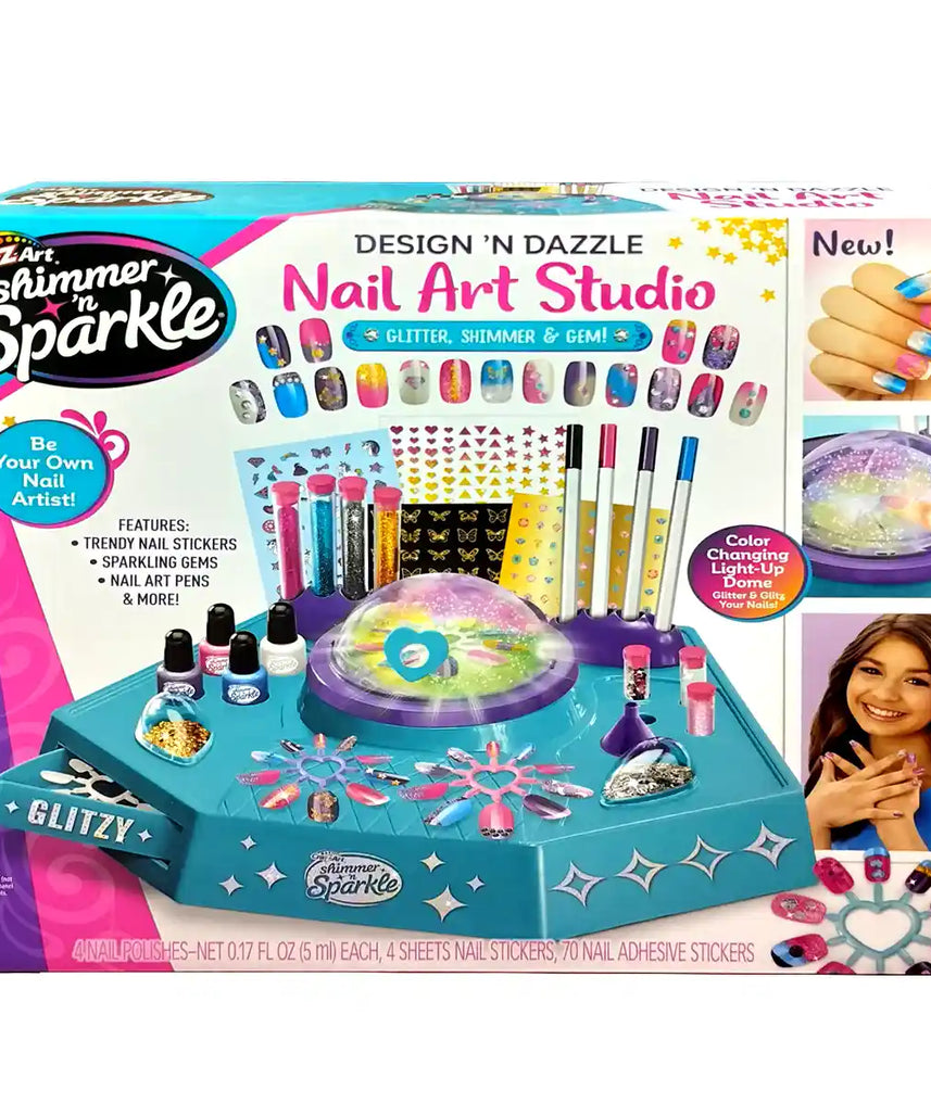 Cra-Z-Art Shimmer N Sparkle Design N Dazzle Nail Art Studio, DIY Nail Art Kit, Color Changing Glitter Dome, Nail Polish, Sequins, Stickers & Accessories, Creative Beauty Set for Kids Ages 6+