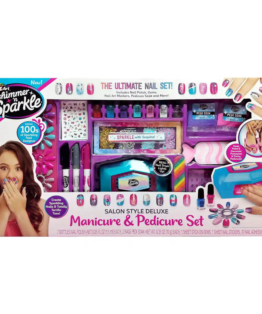 Shimmer N Sparkle Salon Style Deluxe Manicure & Pedicure SNS-65590, Nail Paints + Art Markers + Stickers + Glitter + Spa Foot Bath, Creative Beauty Set for Kids 8+
