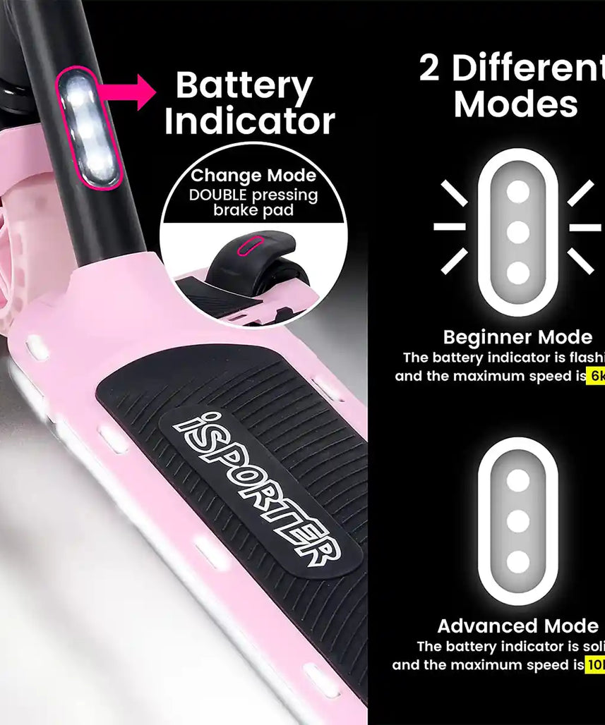 Aero iSporter G2 Electric Scooter for Kids Ages 6+, Black and Pink, Two Speed Settings, LED Light-Up Wheels, Rechargeable Battery, Scooters