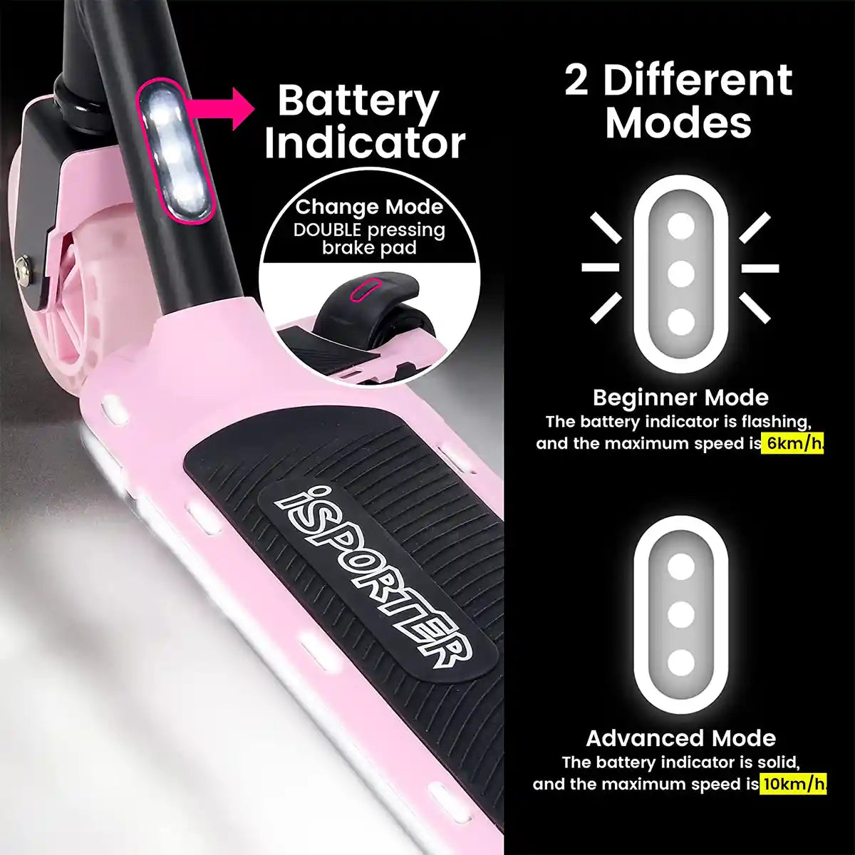 سكوتر كهربائي Aero iSporter G2 للأطفال من سن 6 سنوات فما فوق، أسود ووردي، إعدادان للسرعة، عجلات مضيئة LED، بطارية قابلة لإعادة الشحن، سكوتر