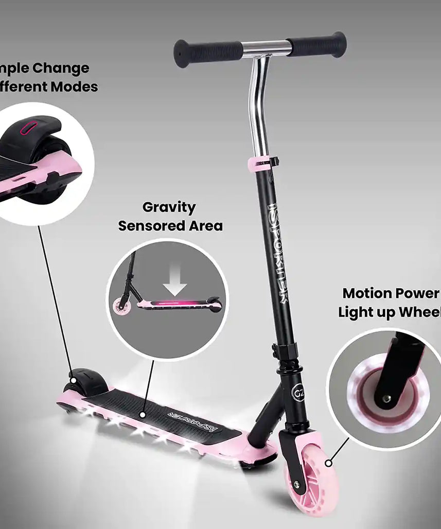 Aero iSporter G2 Electric Scooter for Kids Ages 6+, Black and Pink, Two Speed Settings, LED Light-Up Wheels, Rechargeable Battery, Scooters