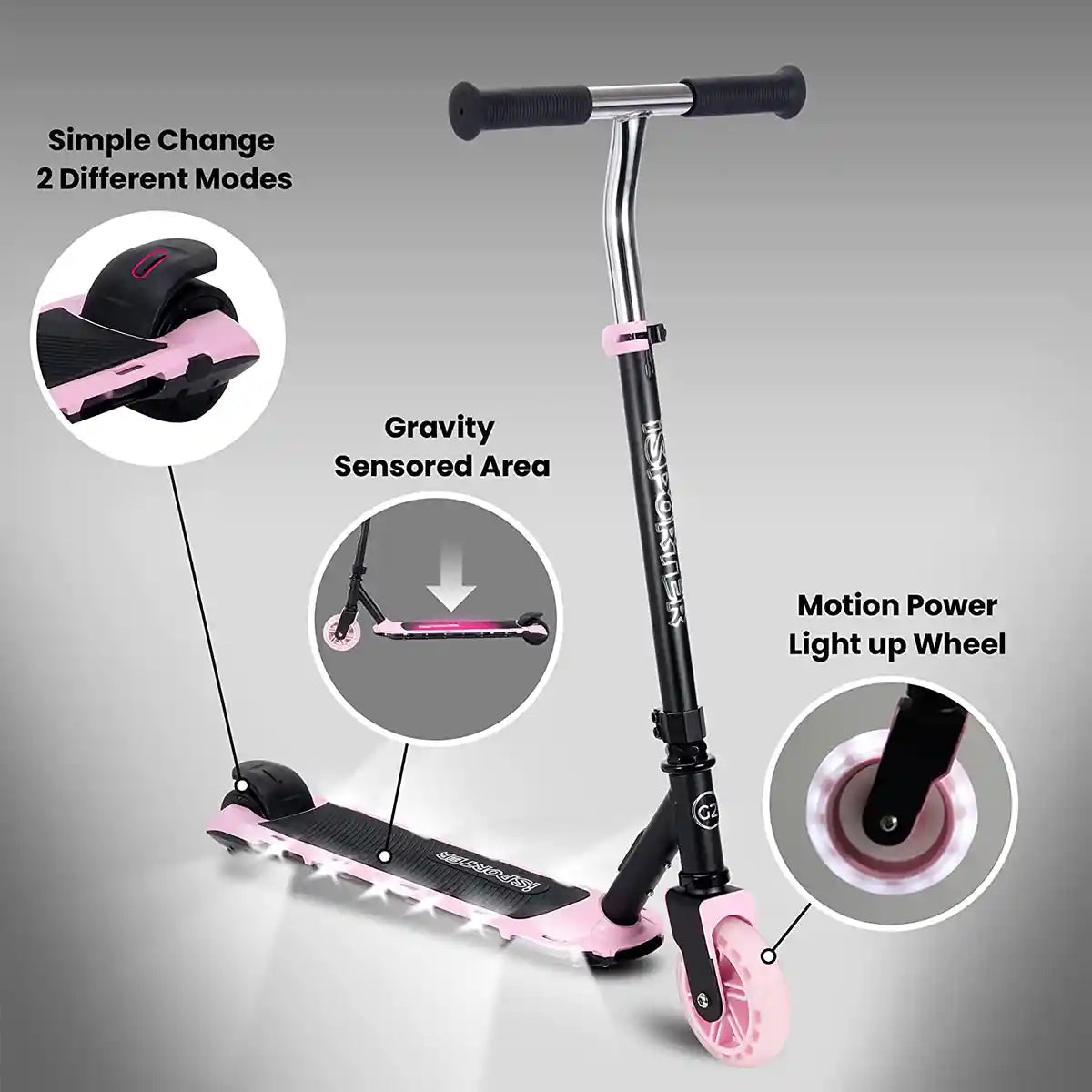 Aero iSporter G2 Electric Scooter for Kids Ages 6+, Black and Pink, Two Speed Settings, LED Light-Up Wheels, Rechargeable Battery, Scooters