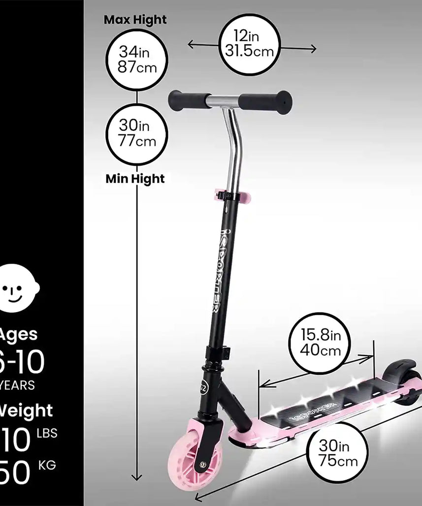 Aero iSporter G2 Electric Scooter for Kids Ages 6+, Black and Pink, Two Speed Settings, LED Light-Up Wheels, Rechargeable Battery, Scooters