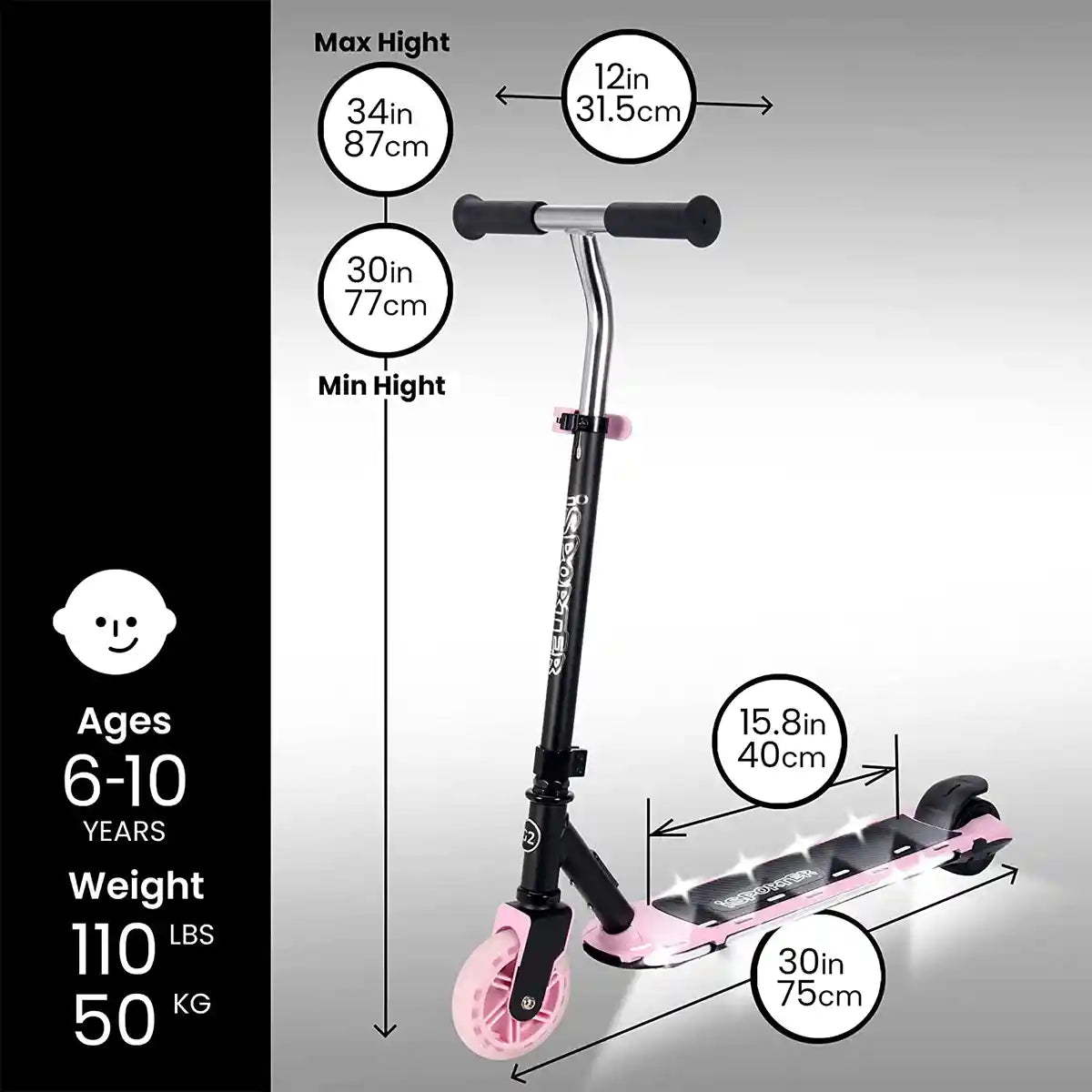 Aero iSporter G2 Electric Scooter for Kids Ages 6+, Black and Pink, Two Speed Settings, LED Light-Up Wheels, Rechargeable Battery, Scooters