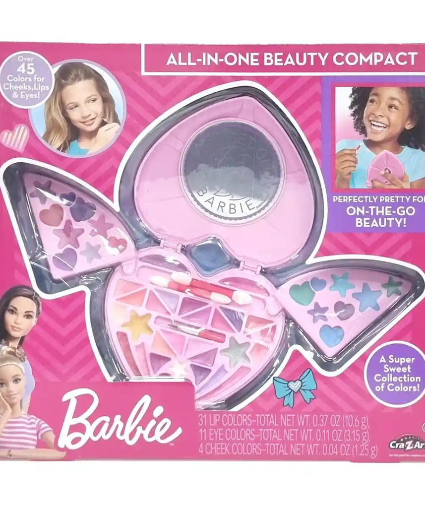 CrazArt Barbie All-in-One Beauty Compact Set, Portable Makeup Playset for Kids, Creative Pretend Play, Non-Toxic Accessories