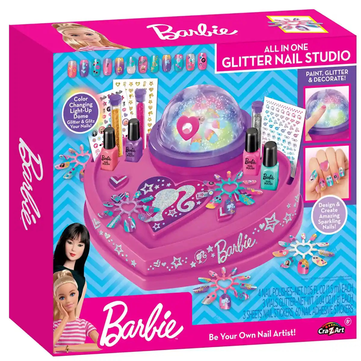 Barbie All-in-One Glitter Nail Studio for Kids Ages 5 and Up with Color-Changing Dome, Trendy Nail Polishes, Glitter, Stickers and Fashionable Nails